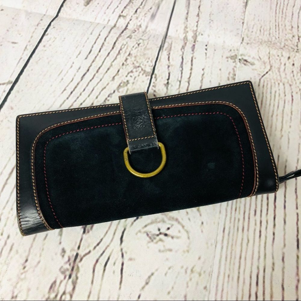 LOEWE Suede Leather Long Bifold Luxury Wallet Brown Black Quiet Luxury